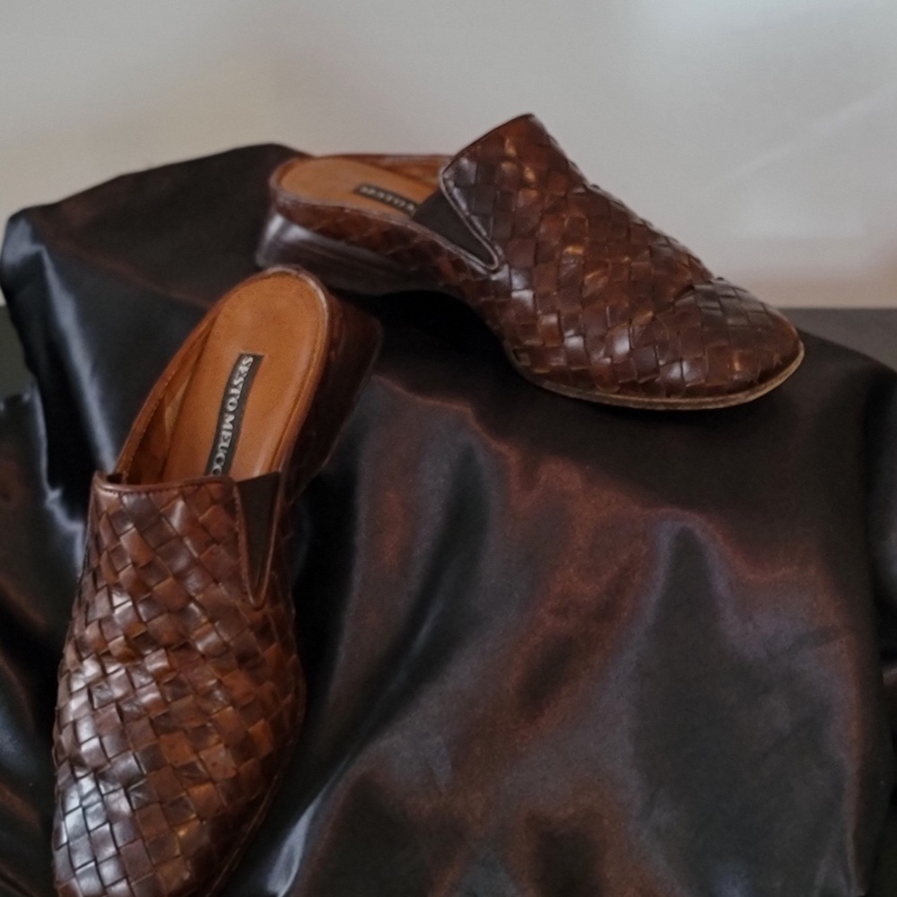 Sesto Meucci Woven Leather Mules Brown Square Toe Slides Womens 6 M